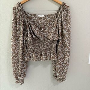 By the River brown floral smocked long sleeve blouse size L